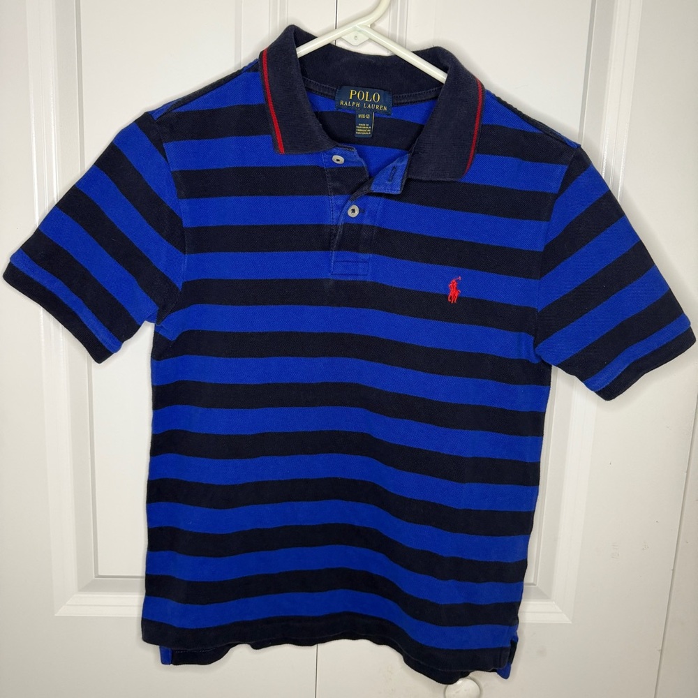 Polo Ralph Lauren Boys Medium 10/12 Blue Striped Polo Red Pony Accent Cotton EUC